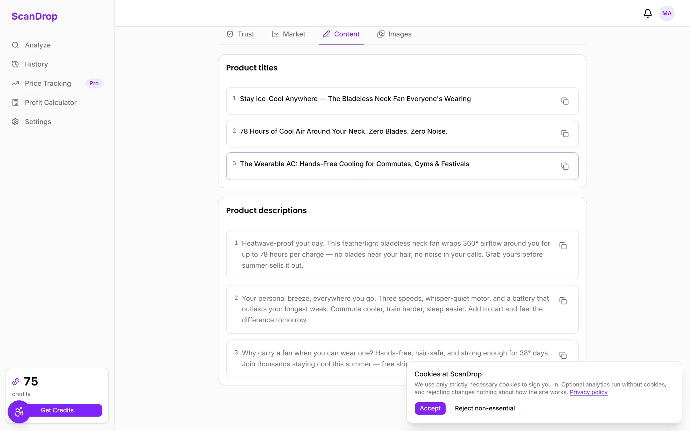 ScanDrop Content report showing viral product titles and descriptions with copy buttons