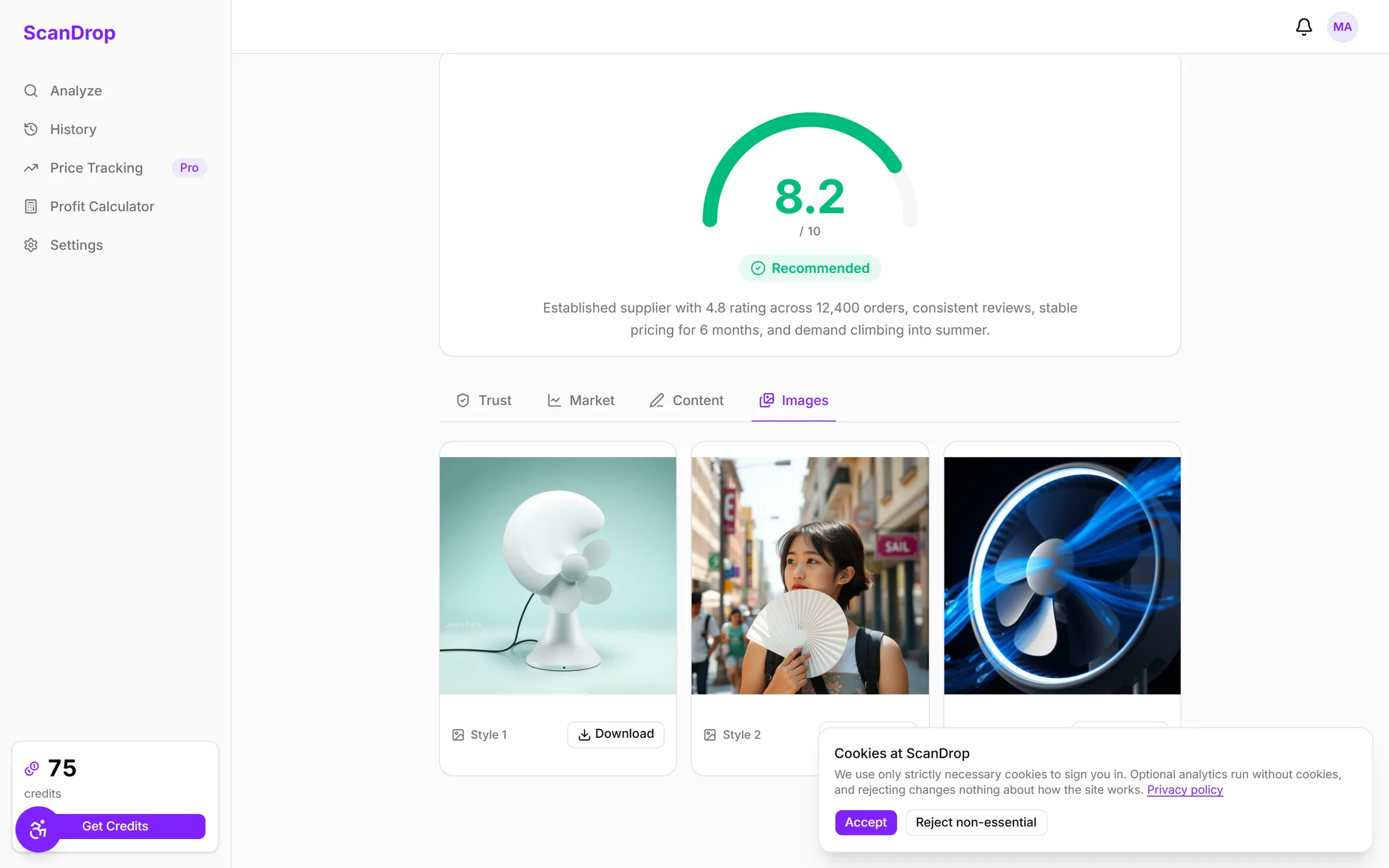 ScanDrop Images report showing three AI-generated product photos with download buttons