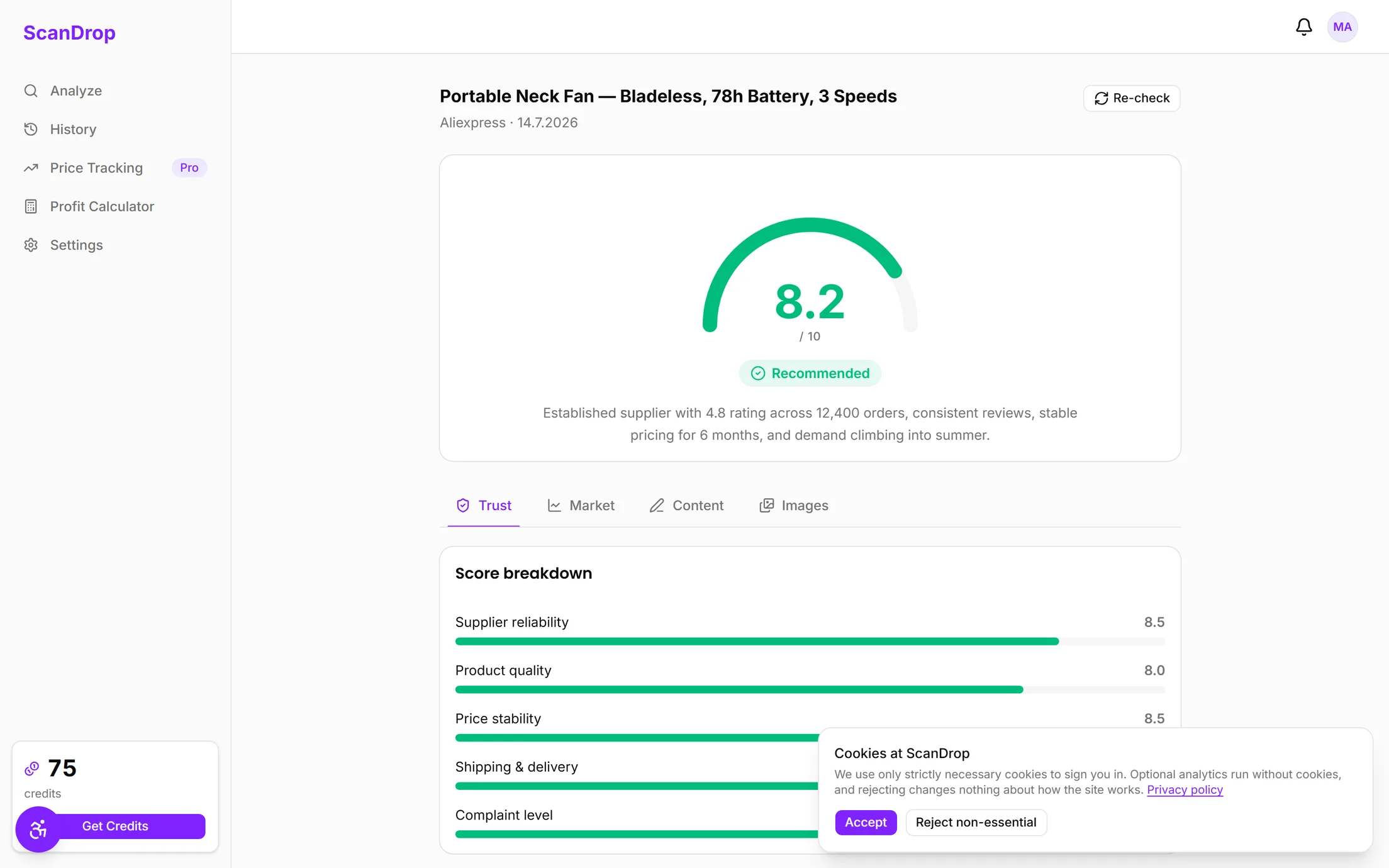 ScanDrop report showing a product trust score with supplier and market analysis
